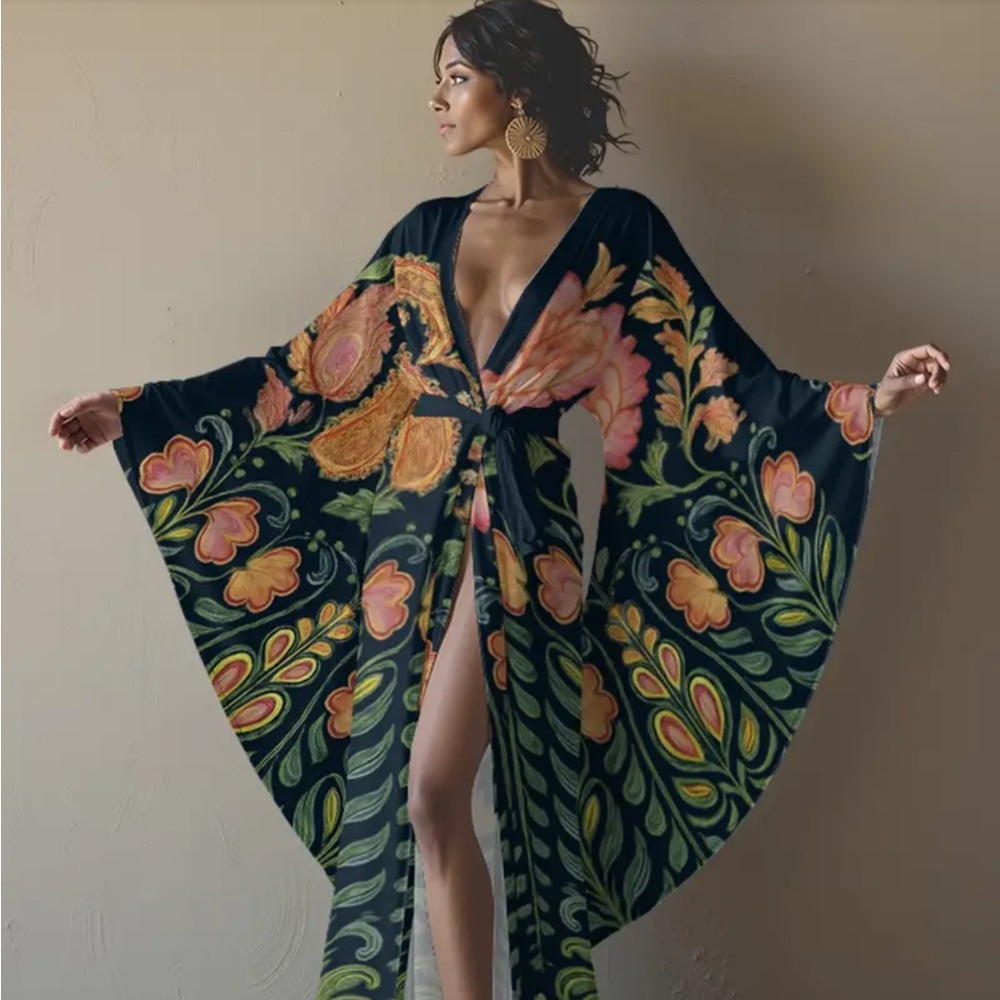 Bohemian Floral Kimono Maxi Dress - Black with Pink & Green - Picture 5 of 9